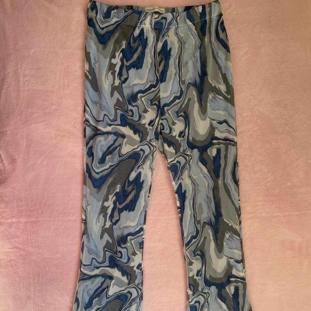 Blue mesh flare pants.